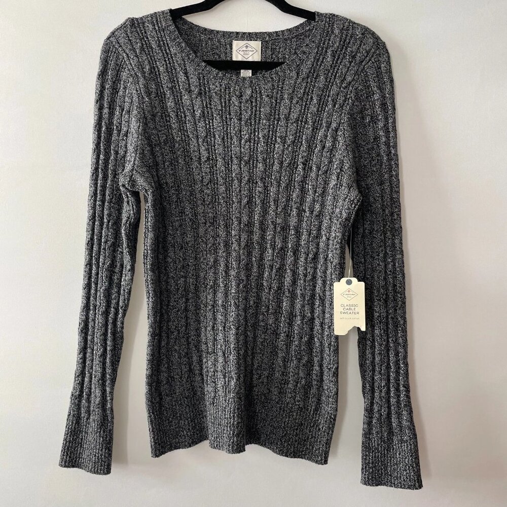 NWT St. John's Bay Womens Gray Black Marled Classic Cable Knit Sweater Size L